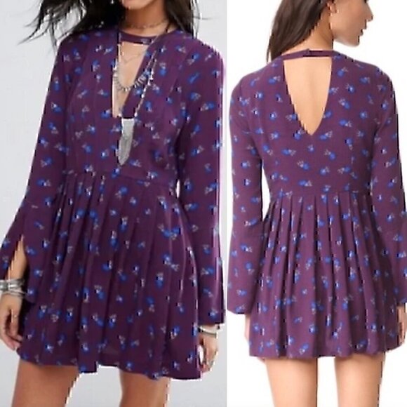 FREE PEOPLE FP Teagan Dress Purple Blue Long Flare Sleeve Cutout Mini Fit Flare - Picture 3 of 14